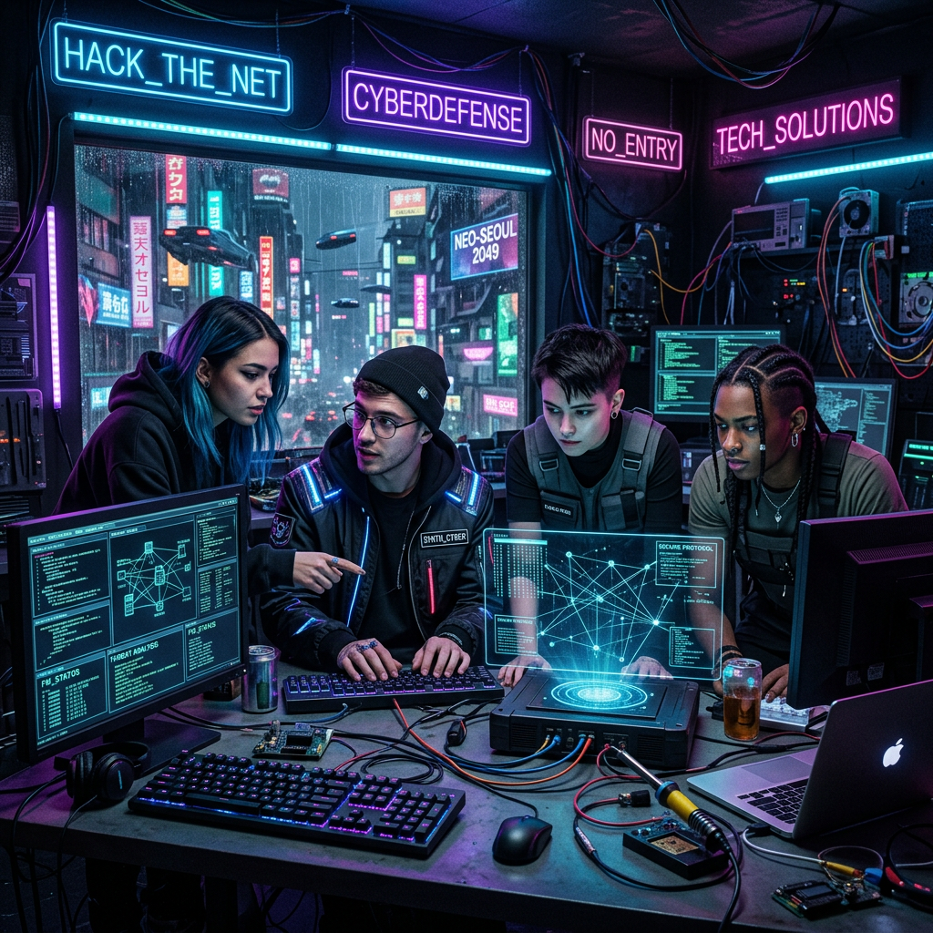 Four cybersecurity professionals working together with multiple screens and holographic interface in a neon-lit room.