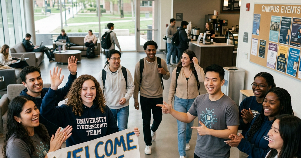 Students holding a sign welcoming people to the cybersecurity team in a campus lounge